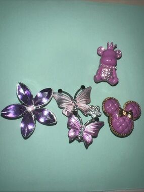 NWOT 4pc Purple Rhinestone flower butterfly crown bear shoe charms